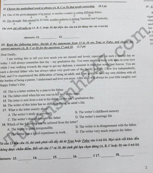 Dap an de thi vao lop 10 mon Anh TPHCM nam 2016