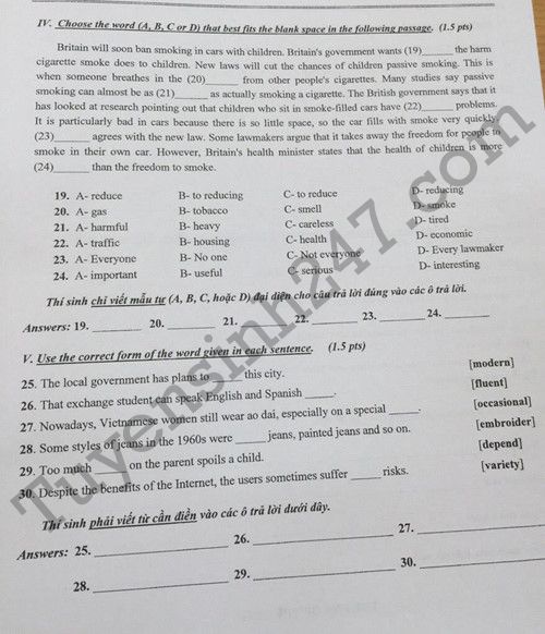 Dap an de thi vao lop 10 mon Anh TPHCM nam 2016