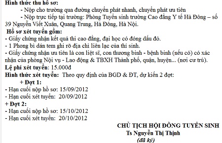 Thông báo xét tuyển bỏ ngõ việc rút hồ sơ của Trường CĐ Y tế Hà Đông.