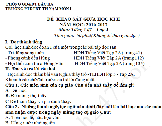 Đề thi giữa kì 2 lớp 5 môn Tiếng Việt 2017 TH Nậm Mòn 1