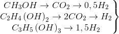 \left.\begin{matrix}CH_{3}OH\rightarrow CO_{2}\rightarrow 0,5H_{2}\\C_{2}H_{4}\left ( OH \right )_{2}\rightarrow 2CO_{2}\rightarrow H_{2}\\C_{3} H_{5}\left ( OH \right )_{3}\rightarrow 1,5H_{2}\end{matrix}\right\}