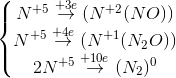 \left\{\begin{matrix} N^{+5}\overset{+3e}{\rightarrow}(N^{+2}(NO))\\N^{+5}\overset{+4e}\rightarrow(N^{+1}(N_{2}O)) \\2N^{+5}\overset{+10e}{\rightarrow}(N_{2})^{0} \end{matrix}\right.