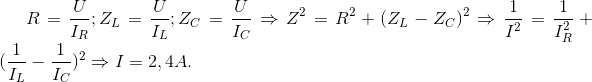 R=\frac{U}{I_{R}};Z_{L}=\frac{U}{I_{L}};Z_{C}=\frac{U}{I_{C}}\Rightarrow Z^{2}=R^{2}+(Z_{L}-Z_{C})^{2}\Rightarrow \frac{1}{I^{2}}=\frac{1}{I_{R}^{2}}+(\frac{1}{I_{L}}-\frac{1}{I_{C}})^{2}\Rightarrow I=2,4A.