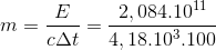 m=\frac{E}{c\Delta t}=\frac{2,084.10^{11}}{4,18.10^{3}.100}