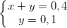 \small \left\{\begin{matrix} x+y=0,4\\ y=0,1 \end{matrix}\right.