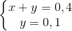 \left\{\begin{matrix}x+y=0,4\\y=0,1 \end{matrix}\right.