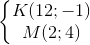 \left\{\begin{matrix} K(12;-1)\\M(2;4) \end{matrix}\right.