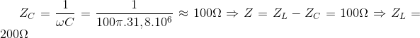 Z_{C}= \frac{1}{\omega C}= \frac{1}{100\pi.31,8.10^{6}}\approx 100\Omega \Rightarrow Z = Z_{L}- Z_{C}= 100\Omega \Rightarrow Z_{L}=200\Omega