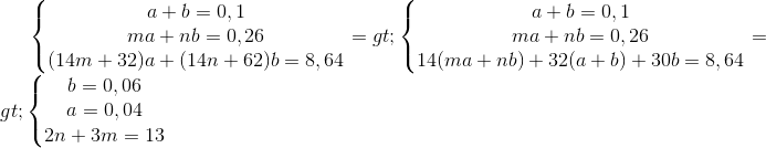 \left\{\begin{matrix}a+b=0,1\\ma+nb=0,26\\(14m+32)a+(14n+62)b=8,64\end{matrix}\right.=>\left\{\begin{matrix} a+b=0,1\\ma+nb=0,26 \\14(ma+nb)+32(a+b)+30b=8,64\end{matrix}\right.=>\left\{\begin{matrix} b=0,06\\ a=0,04 \\2n+3m=13 \end{matrix}\right.