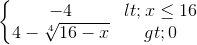 \left\{\begin{matrix} -4< x\leq 16\\4-\sqrt[4]{16-x}>0 \end{matrix}\right.