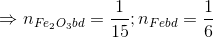 \Rightarrow n_{Fe_{2}O_{3} bd} = \frac{1}{15};n_{Febd}=\frac{1}{6}