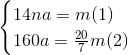 \begin{cases} 14na =m (1) \\ 160a= \frac{20}{7}m(2) \end{cases}