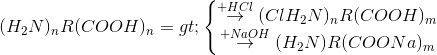 (H_{2}N)_{n}R(COOH)_{n}=>\left\{\begin{matrix} \overset{+HCl}{\rightarrow}(ClH_{2}N)_{n}R(COOH)_{m}\\\overset{+NaOH}{\rightarrow}(H_{2}N)R(COONa)_{m} \end{matrix}\right.