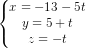\dpi{80} \left\{\begin{matrix} x=-13-5t\\ y=5+t\\ z=-t\end{matrix}\right.