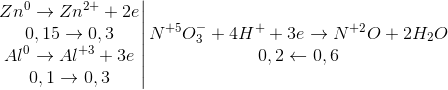 \left.\begin{matrix} Zn^{0}\rightarrow Zn^{2+}+2e\\0,15\rightarrow 0,3 \\ Al^{0}\rightarrow Al^{+3}+3e \\0,1\rightarrow 0,3 \end{matrix}\right|\begin{matrix} N^{+5}O_{3}^{-}+4H^{+}+3e\rightarrow N^{+2}O+2H_{2}O\\0,2\leftarrow 0,6 \end{matrix}