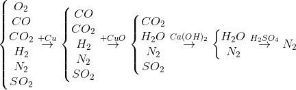 \left\{\begin{matrix}O_{2}\\CO\\CO_{2}\\H_{2}\\N_{2}\\SO_{2}\end{matrix}\right\overset{+Cu}{\rightarrow}\left\{\begin{matrix}CO\\CO_{2}\\H_{2}\\N_{2}\\SO_{2}\end{matrix}\right\overset{+CuO}{\rightarrow}\left\{\begin{matrix} CO_{2}\\H_{2}O\\N_{2}\\SO_{2}\end{matrix}\right\overset{Ca(OH)_{2}}{\rightarrow}\left\{\begin{matrix}H_{2}O\\N_{2}\end{matrix}\right\overset{H_{2}SO_{4}}{\rightarrow}N_{2}