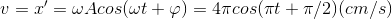 v=x'=\omega Acos(\omega t+\varphi )=4\pi cos(\pi t+\pi /2)(cm/s)