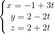 \left\{\begin{matrix} x=-1+3t\\y=2-2t \\z=2+2t \end{matrix}\right.