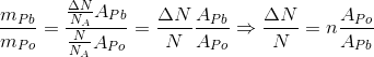 \frac{m_{Pb}}{m_{Po}}=\frac{\frac{\Delta N}{N_{A}}A_{Pb}}{\frac{N}{N_{A}}A_{Po}}=\frac{\Delta N}{N}\frac{A_{Pb}}{A_{Po}}\Rightarrow \frac{\Delta N}{N}=n\frac{A_{Po}}{A_{Pb}}