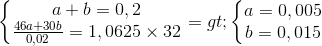 \left\{\begin{matrix} a+b=0,2\\\frac{46a+30b}{0,02}=1,0625\times 32 \end{matrix}\right.=>\left\{\begin{matrix}a=0,005\\b=0,015 \end{matrix}\right.