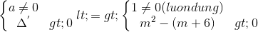 \left\{\begin{matrix} a\neq 0\\\Delta^'>0 \end{matrix}\right.<=>\left\{\begin{matrix} 1\neq 0(luon dung)\\m^{2}-(m+6)>0 \end{matrix}\right.