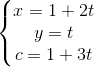 \left\{\begin{matrix} x=1+2t\\y=t \\c=1+3t \end{matrix}\right.