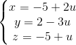 \left\{\begin{matrix} x=-5+2u\\y=2-3u \\z=-5+u \end{matrix}\right.