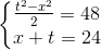 \left\{\begin{matrix} \frac{t^{2}-x^{2}}{2}=48\\x+t=24 \end{matrix}\right.