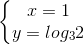 \left\{\begin{matrix} x = 1\\y = log_{3}2 \end{matrix}\right.