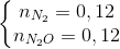 \left\{\begin{matrix} n_{N_{2}}=0,12\\ n_{N_{2}O}=0,12 \end{matrix}\right.