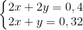 \left\{\begin{matrix} 2x+2y=0,4\\ 2x+y=0,32 \end{matrix}\right.