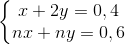 \left\{\begin{matrix} x+2y=0,4\\ nx+ny=0,6 \end{matrix}\right.