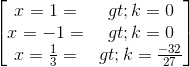 \begin{bmatrix} x=1=>k=0\\x=-1=>k=0 \\x=\frac{1}{3}=>k=\frac{-32}{27} \end{bmatrix}