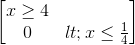 \begin{bmatrix}x\geq 4\\0< x\leq \frac{1}{4}\end{bmatrix}