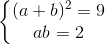 \left\{\begin{matrix} (a+b)^{2}=9\\ab=2 \end{matrix}\right.