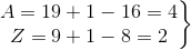 \left.\begin{matrix} A=19+1-16=4\\Z=9+1-8=2 \end{matrix}\right\}