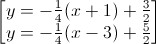 \begin{bmatrix}y=-\frac{1}{4}(x+1)+\frac{3}{2}\\y=-\frac{1}{4}(x-3)+\frac{5}{2}\end{bmatrix}
