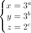 \left\{\begin{matrix}x=3^{a}\\y=3^{b}\\z=2^{c}\end{matrix}\right.