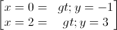 \begin{bmatrix}x=0=>y=-1\\x=2=>y=3\end{bmatrix}