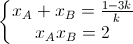 \left\{\begin{matrix}x_{A}+x_{B}=\frac{1-3k}{k}\\x_{A}x_{B}=2\end{matrix}\right.