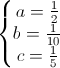 \left\{\begin{matrix}a=\frac{1}{2}\\b=\frac{1}{10}\\c=\frac{1}{5}\end{matrix}\right.
