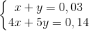 \left\{\begin{matrix} x+y=0,03\\ 4x+5y=0,14 \end{matrix}\right.