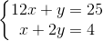 \left\{\begin{matrix} 12x + y = 25\\ x + 2y = 4 \end{matrix}\right.