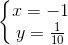\left\{\begin{matrix} x=-1\\ y=\frac{1}{10} \end{matrix}\right.