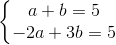 \left\{\begin{matrix} a+b=5\\-2a+3b=5 \end{matrix}\right.