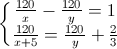 \left\{\begin{matrix}\frac{120}{x}-\frac{120}{y}=1\\\frac{120}{x+5}=\frac{120}{y}+\frac{2}{3}\end{matrix}\right.
