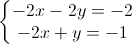 \left\{\begin{matrix}-2x-2y=-2\\-2x+y=-1\end{matrix}\right.