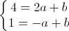 \left\{\begin{matrix} 4=2a+b\\ 1=-a+b \end{matrix}\right.