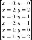 \begin{bmatrix}x=0;y=0\\x=2;y=2\\x=0;y=1\\x=2;y=1\\x=1;y=0\\x=1;y=2\end{bmatrix}