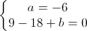 \left\{\begin{matrix}a=-6\\9-18+b=0\end{matrix}\right.
